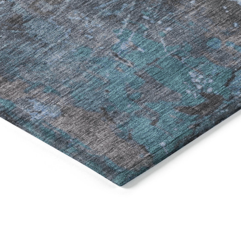 Teal and Gray Flat Woven Synthetic Washable Rug
