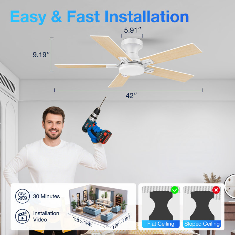 42" 5 - Blade Smart Outdoor Indoor White Ceiling Fan with LED Lights, Remote, Voice Control via Alexa, Dimmable, 6 speeds