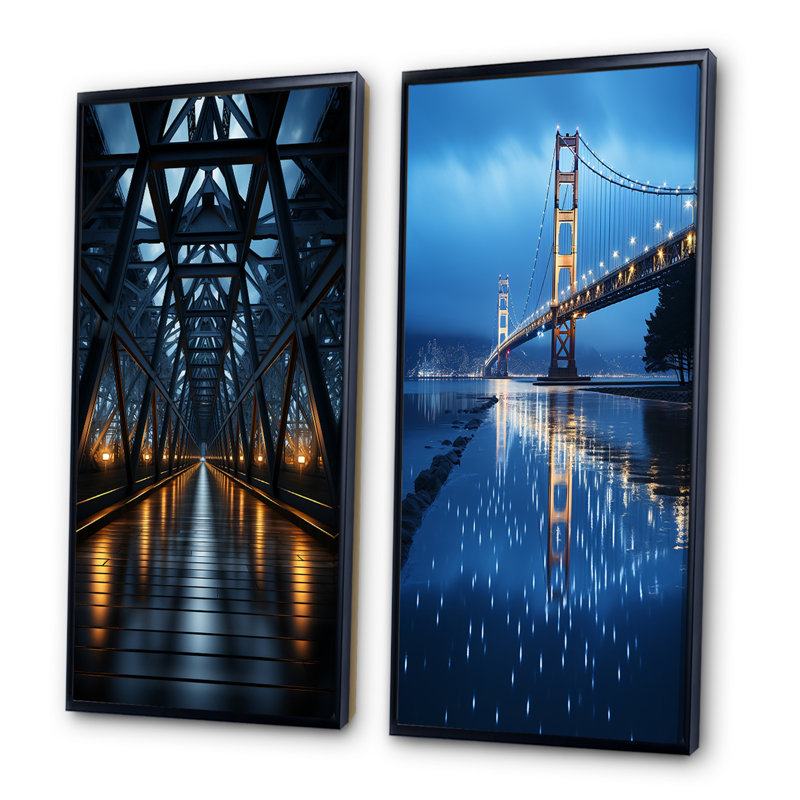 «Blue Bridge Suspension Bridge Charcoal», 2 pièces sur toile, Cadre noir, H 32 po x l 32 po