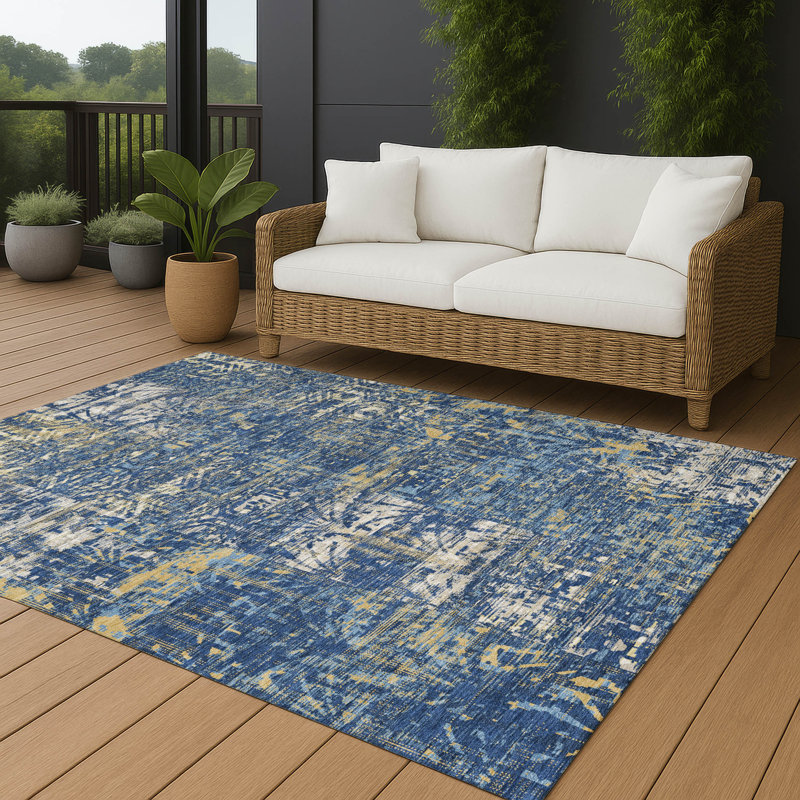 Tapis abstrait intérieur / extérieur lavable à la machine Chantille ACN2785, Marine, 10 pi x 14 pi