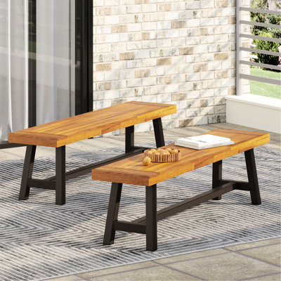 Outdoor Benches Of 2, Brown Rustic Metal, Modern Industrial Wood Slat Panel Dining Bench (2), With
