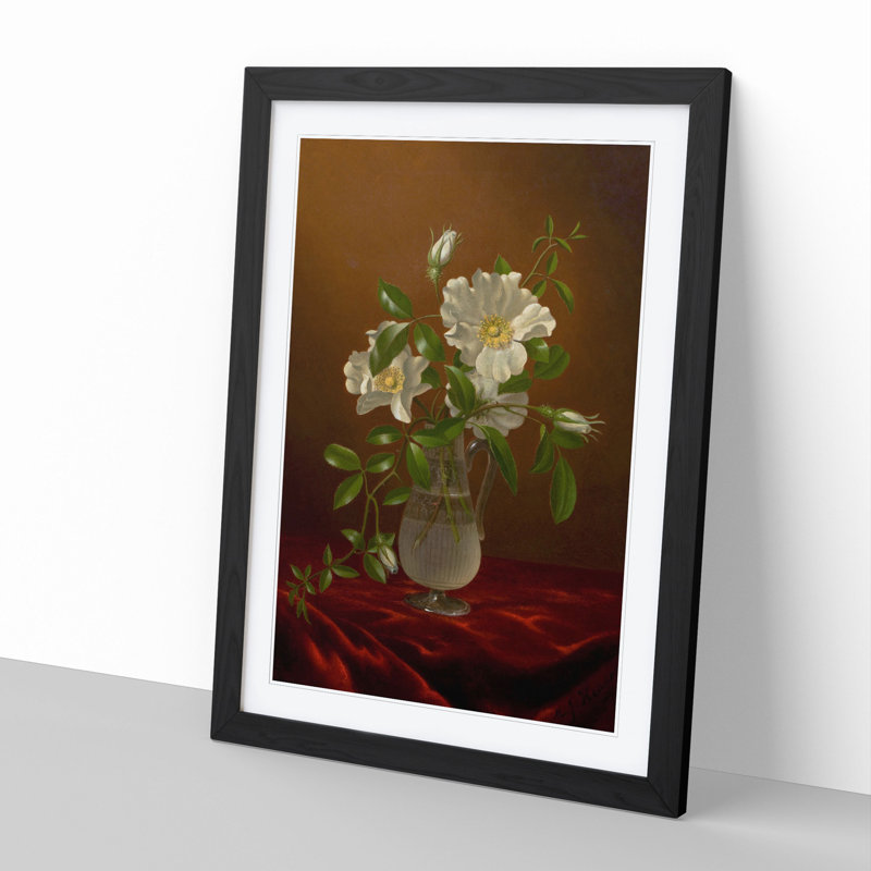 Cherokee Roses in a Vase by Martin Johnson Heade - Picture Frame Painting, 36cm H x 27cm W x 2cm D, Black Framed
