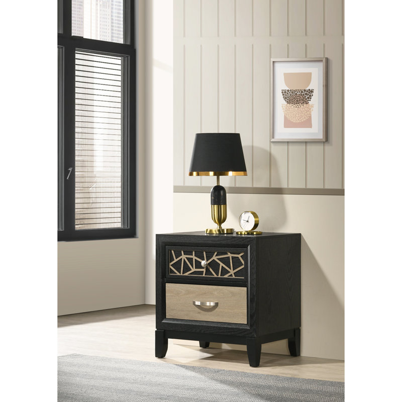 Table de chevet contemporaine en bois naturel et noir avec deux tiroirs 2 pièces pour chambre à coucher moderne