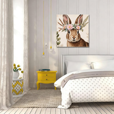 Lapin avec couronne florale, art mural encastré en bois, L 16 x l 16