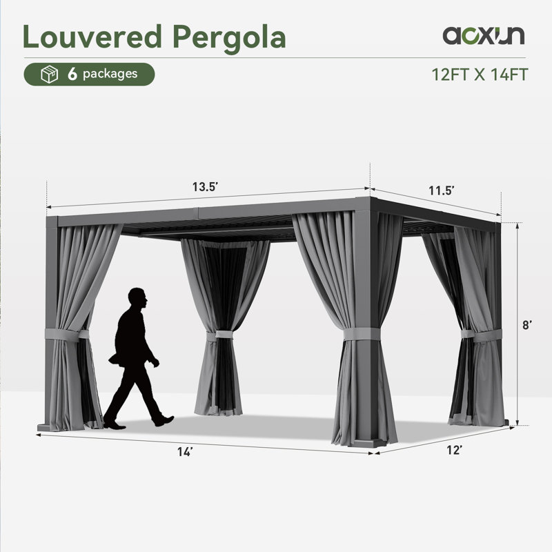 14 ft. W x 12 ft. D Aluminum Louvered Pergola, 89" H x 163.4" W x 139" D