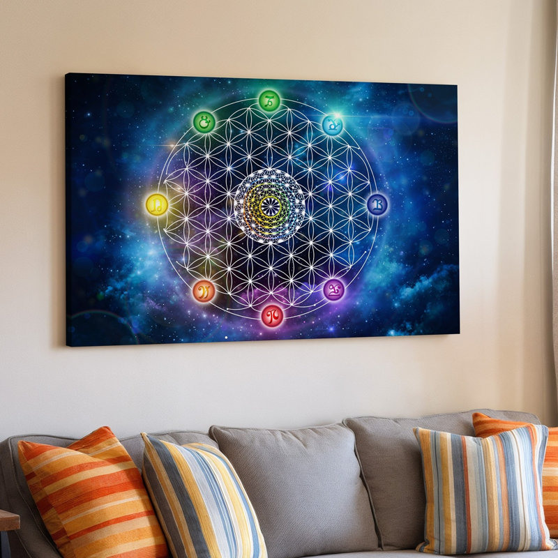 Toile, "Mandala cosmique hypnotisant", présentant des motifs géométriques complexes rayonnant d'énergie avec une fleur centrale