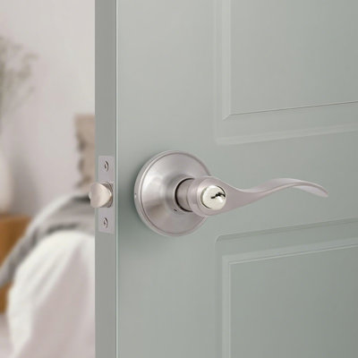 Entry Door Handle With Lock And Key, Matte Nickel Wave Door Lever, Zinc Alloy Reversible Door Lever For Front Entrance And Bedrooms