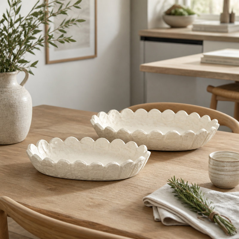 Bol décoratif en papier mâché à bord festonné pour console - Touche moderne et texturée pour bureau à domicile - Paquet de 2, 43 cm x 38 cm, ivoire