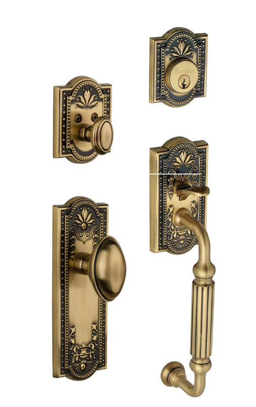 Parthenon Handle With Knob And Deadbolt, Vintage Brass