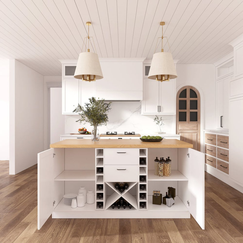 72" Modern Kitchen Island With Wine Storage, Engineered Wood, Natural/White