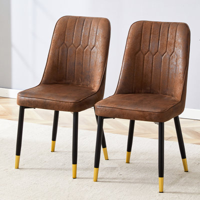 Brown Suede - Like Velvet Dining Chair Duo With Black Metal Legs, Captivating Vertical Stripe Design, Gold Accented Leg Sections, Comfortable Integrated And Slip Base For Family Gatherings Two Piece