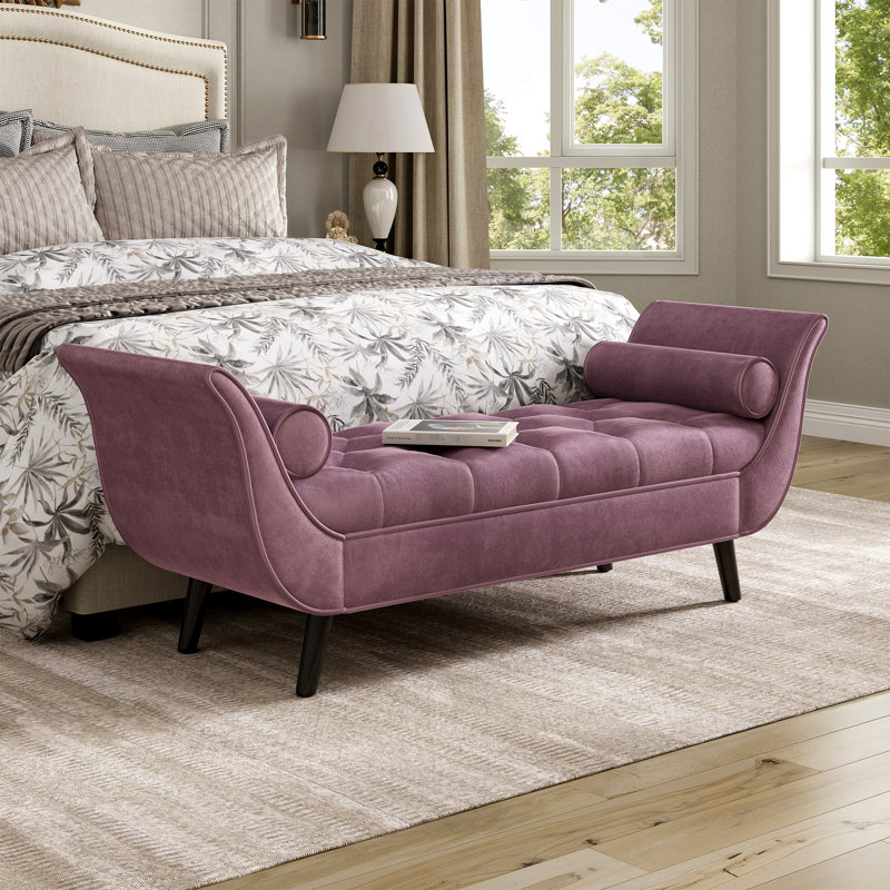 Repose-pieds mauve avec accoudoirs roulés, boutons et 2 coussins cylindriques pour centre de table décoratif