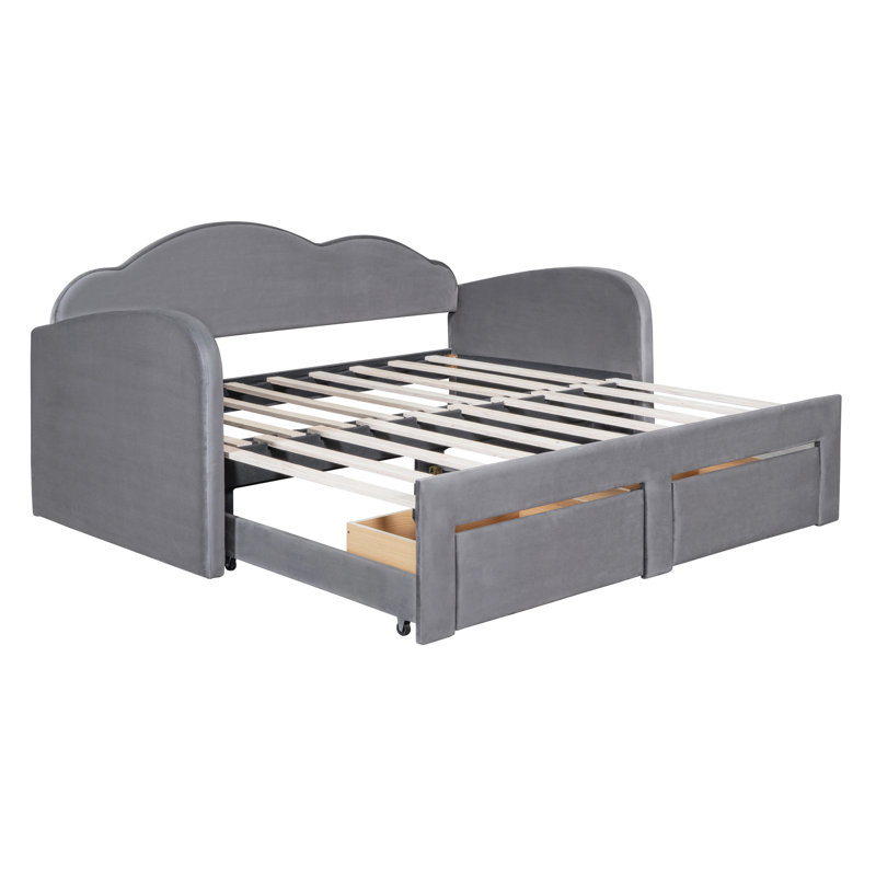 Twin Size Upholstered Daybed With Cloud-Shaped Backrest, Trundle   2 Drawers And USB Ports, Pink, Gris