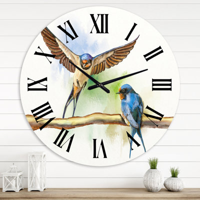 Deux granges, hirondelles, horloge murale