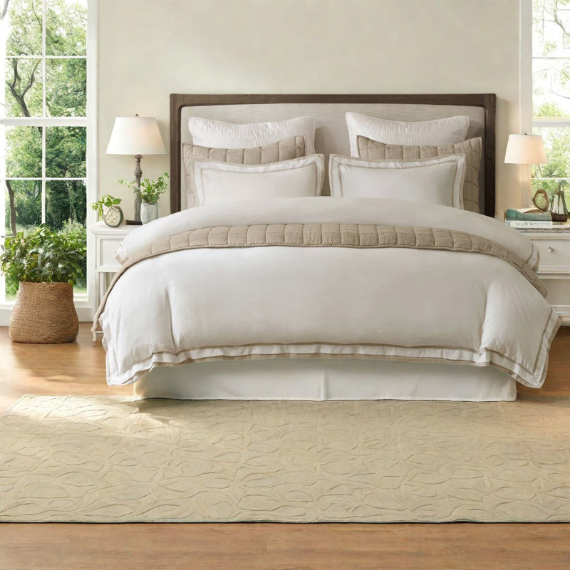 Ensembles de literie en lin de qualité supérieure, beige et blanc, grand / respirant pour un sommeil confortable