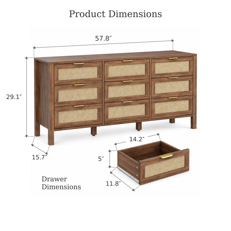 57.8" W 9-Drawer Dresser for Bedroom, Rattan Storage Dresser -Brown, 57.8" W, Brown