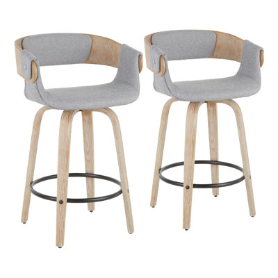 Farmhouse Counter Stool In White Washed Wood And Grey Fabric By  - Set Of 2