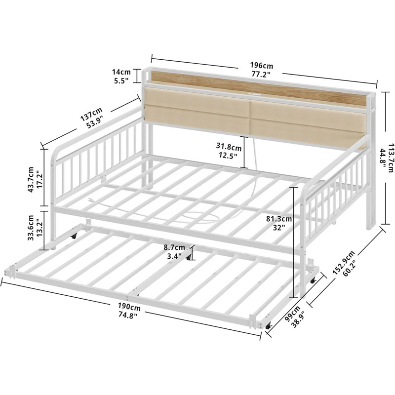 Daybed with Trundle, Sturdy Metal Full Size Bed Frame with Upholstered Headboard