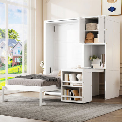 Lit escamotable mural simple avec bibliothèque, armoire supérieure, bureau extensible et rangement latéral, blanc