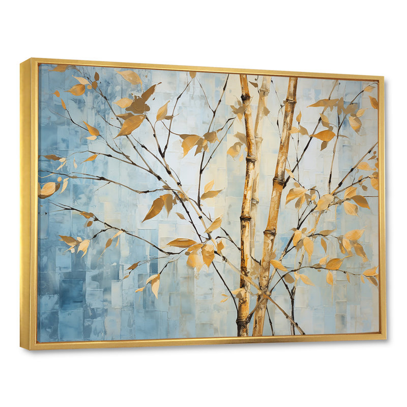 Or et bambou bleu sur toile, H 24 po x l 32 po x P 1 po, Cadre flottant doré