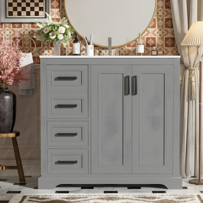 Meuble-lavabo avec lavabo en céramique, tablettes réglables et trois tiroirs