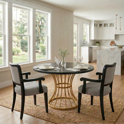 3-Piece 42'' Modern Round Dining Set with Wood Top and 2 Upholstered Armchairs, Metal Pedestal Base for Small Spaces