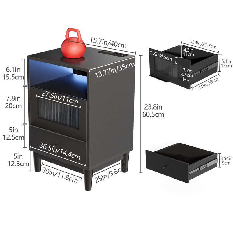 Table de chevet avec DEL, station de charge et ports USB, table de bout avec tiroirs en verre, table de chevet moderne ultrabrillante avec lumière, 15,7 po x 13,7 po x 23,8 po