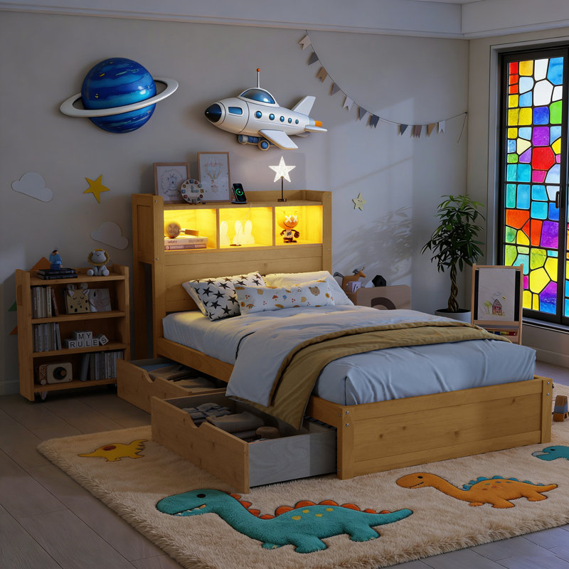 Bookcase Bed Frame with LED Lights and Pull-Out Nightstand, Wood Platform Bed with 2 Drawer and Headboard Storage, No Box Spring Needed, Natural, Twin