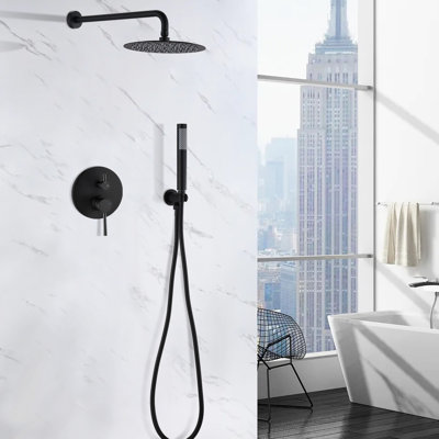 Wall Mounted Shower In Matt Black. 10" Rain Head And Handheld. Balancing Valve. Adjustable Holder, 360° Rotation. Corrosion . 1.8 Gpm Flow Rate. Dual Type. Compatible With American Pipe Us