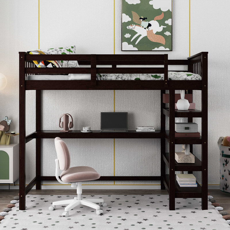Lit mezzanine en bois massif avec tablettes Gerlean par Harriet Bee, Simple, Espresso