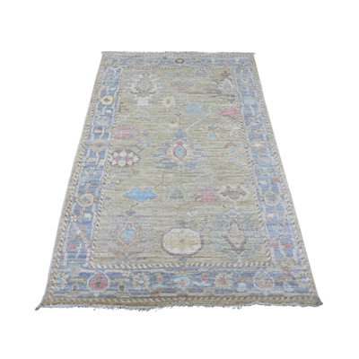 Tapis de style oriental vert artichaut 4 pi 1 po x 6 pi 1 po Oushak afghan avec motif de feuilles partout, noué à la main, 100% laine, colorants végétaux