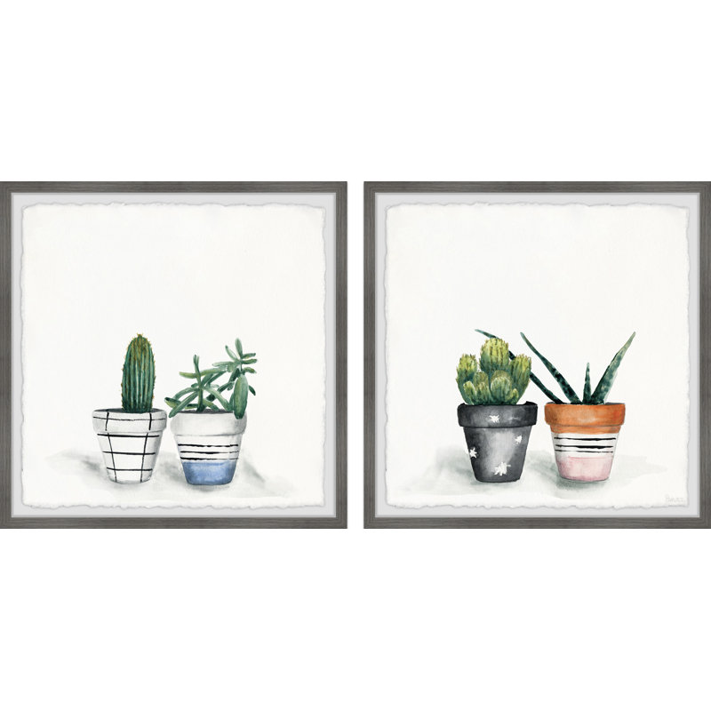 Decorated Cactus Pots by Parvez Taj - 2 Piece Single Picture Frame Painting Set, 81" H x 81" W x 3.81" D