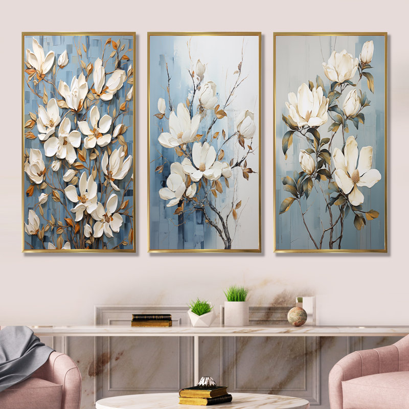 Ensemble de 3 décorations murales peintes bleues et dorées - Magnolias, Cadre flottant doré, H 40 po x l 60 po
