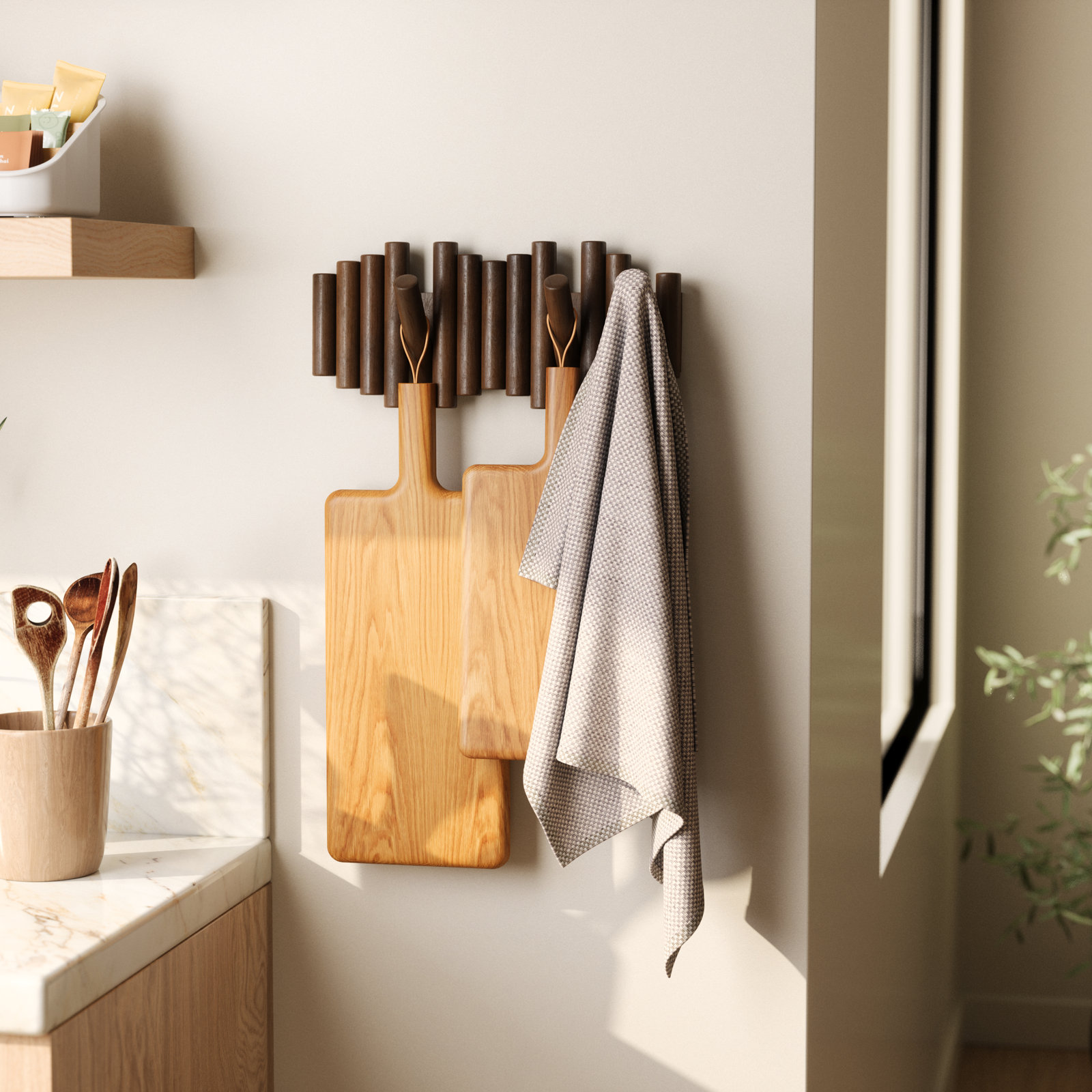 5-Hook Solid Wood Coat Rack, Walnut