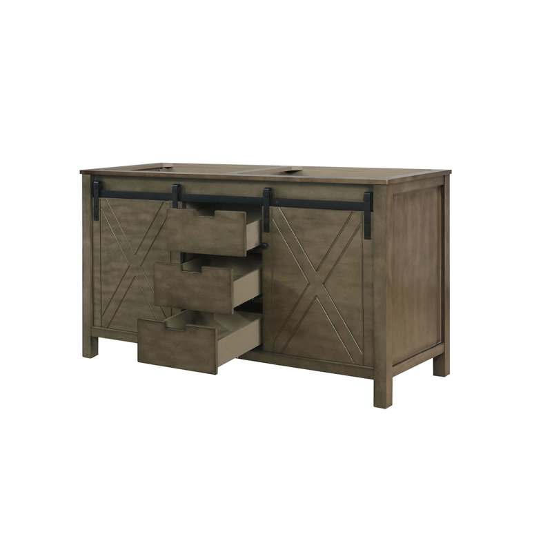60 po Large, brun rustique, meuble-lavabo double, tiroirs à fermeture douce, deux armoires, trois tablettes d'armoire ouvertes, structure en bois massif, contreplaqué E0, pré-assemblé, meuble-lavabo brun à installation rapide avec fermeture