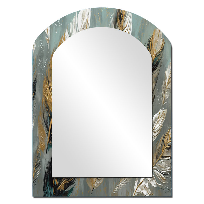 Gold Feather Extravaganza I - Glam Feather Arch Large Wall Mirror, Gold Asymmetrical Decorative Mirror, Printed Metal Art