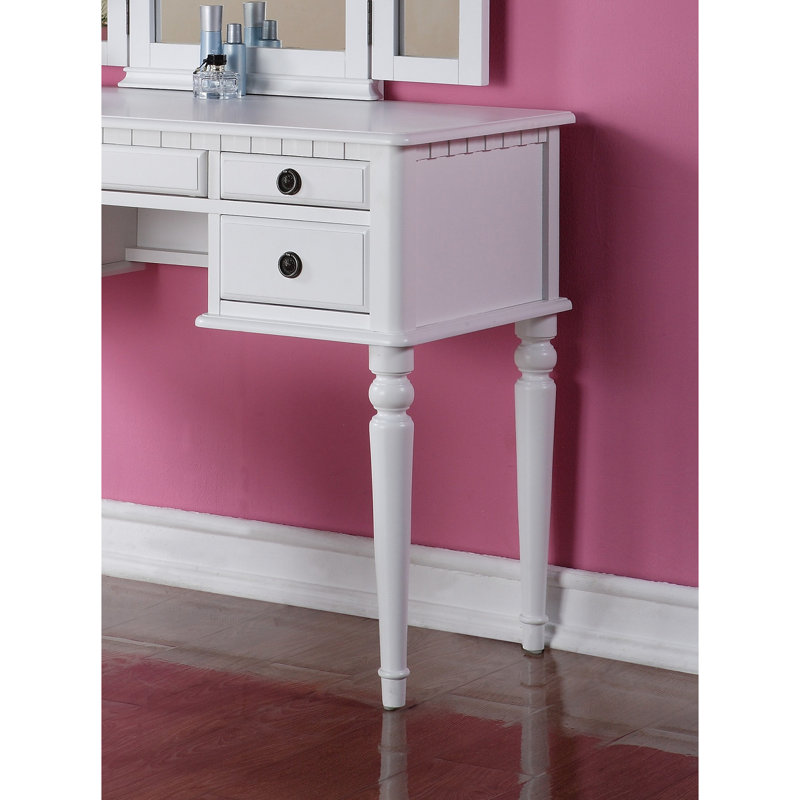 Ensemble de meuble-lavabo contemporain avec miroir pliable, tabouret rembourré et tiroirs de rangement - Finition blanche