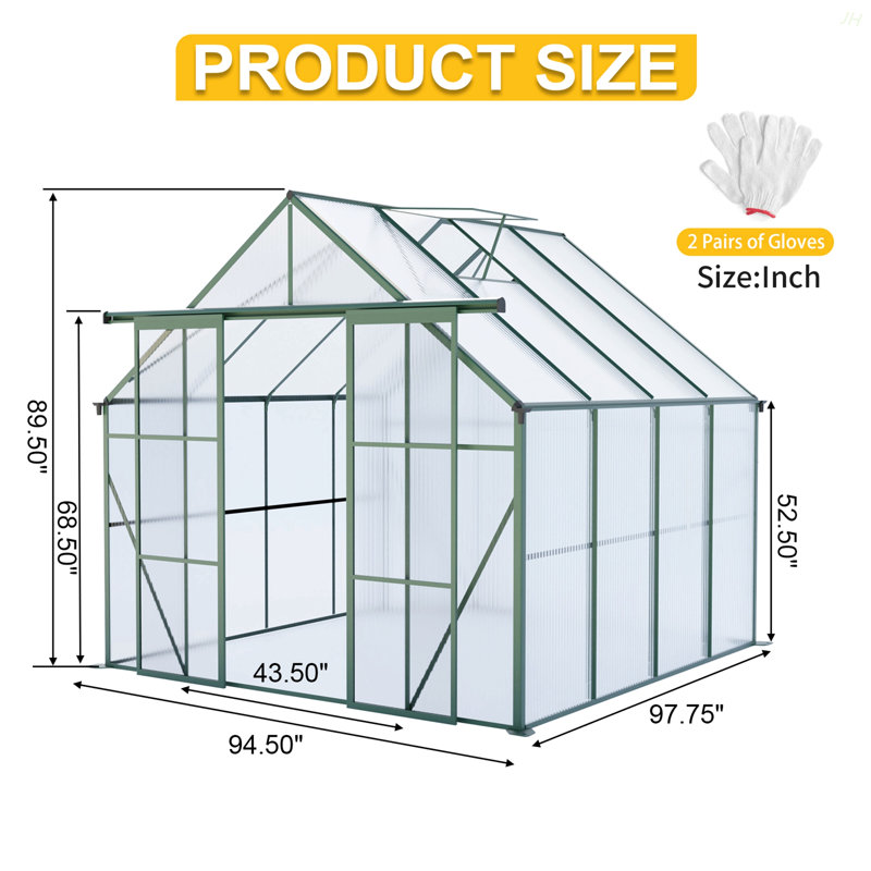 8X8 FT Double Door Polycarbonate Greenhouse Raised Base And Anchor Aluminum Heavy Duty Walk-In Greenhouses For Outdoor Backyard In All Season,Green