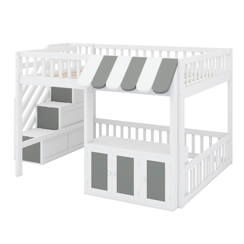 Lit mezzanine avec design cabane de jeu, marches de rangement, éclairage DEL et placards sous le lit, Lit double, White+grey