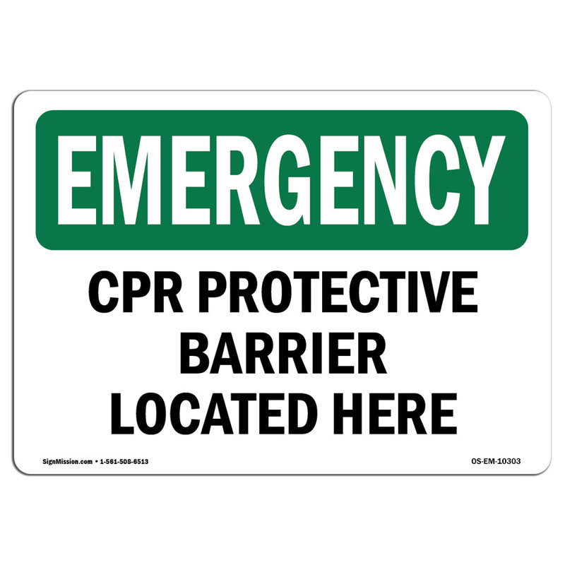 Barrière de protection CPR située ici, H 12 po x l 18 po x P 0,1 po