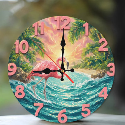 Pink Number Clock Flamingo Beach Sunset