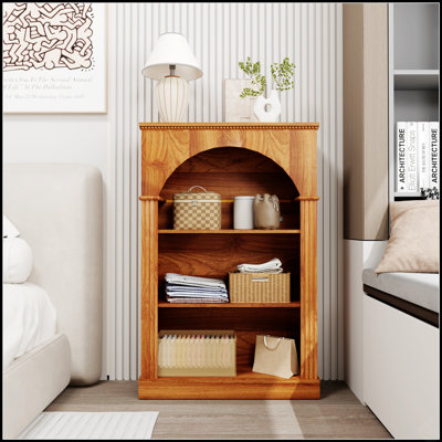 Bibliothèque ouverte à 3 niveaux, bibliothèque autoportante traditionnelle avec garniture perlée décorative, étagère en bois de noyer clair pour le salon, le bureau personnel, la chambre à coucher et le couloir
