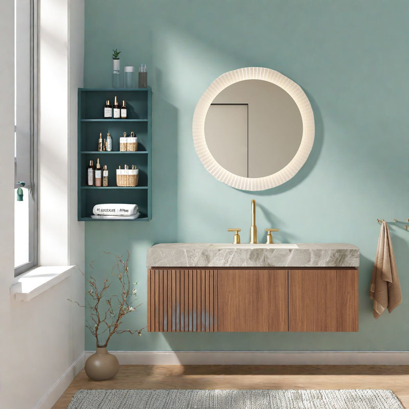 Meuble-lavabo et lavabo en chêne brun moderne, plateau en pierre frittée durable pour salles de bain élégantes