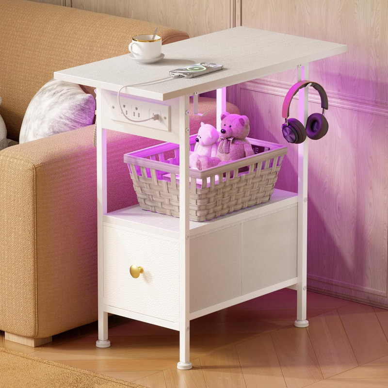 Narrow Side Table, End Table with Charging Station Bed Side Table Small Side Table Nightstand White