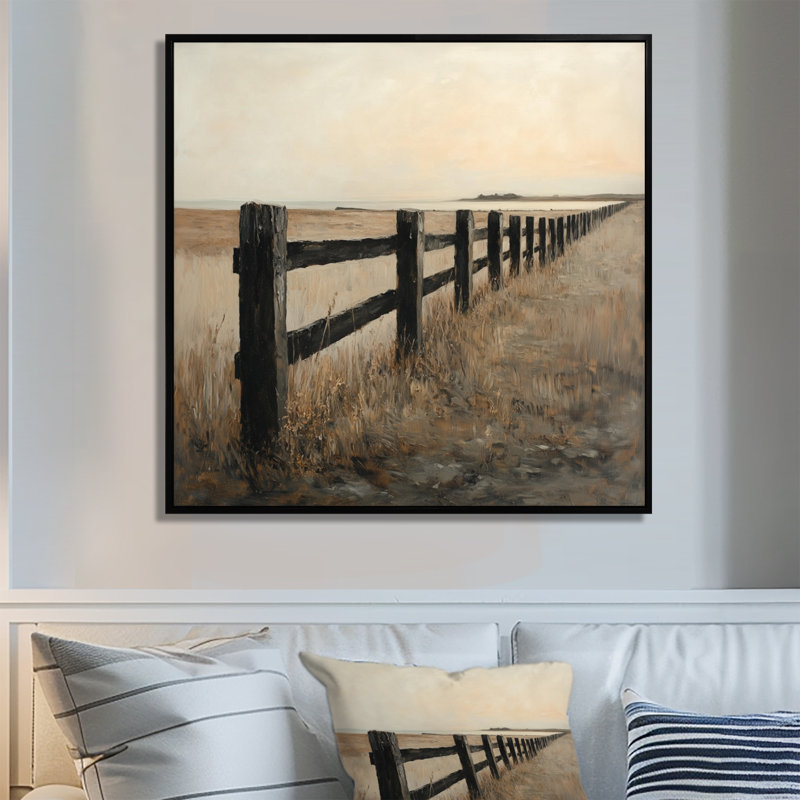 Clôture de marais côtier I - Tableau sur toile de paysage, H 44 po x l 44 po, Cadre flottant noir