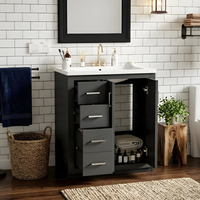 Meuble-lavabo de 30 po avec lavabo en céramique, Noir, 30"
