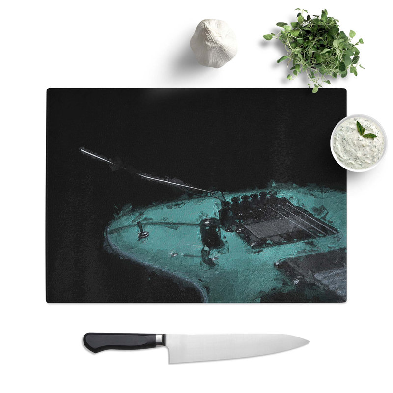 Tempered Glass Teal Blue Electric Guitar Chopping Board, 28.5 cm W x 20 cm L