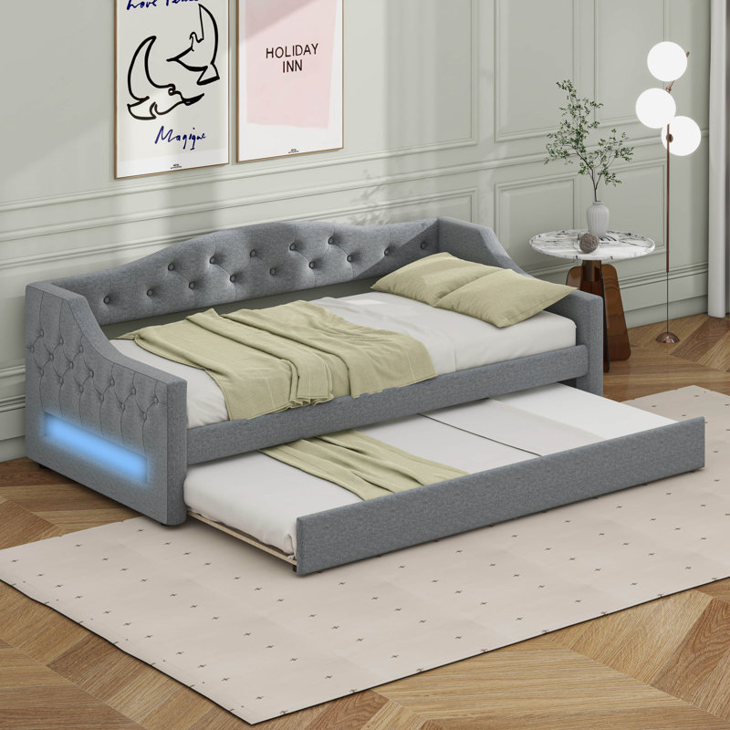 Upholstered Twin XL Size Daybed With LED Belt And Trundle, Gray