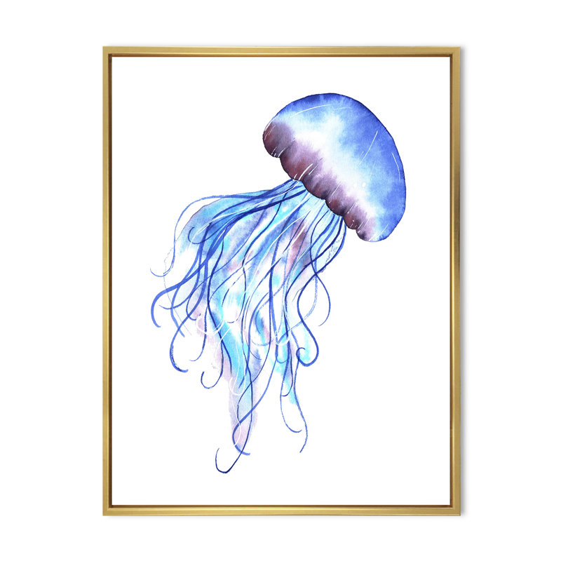 Adorable méduse bleue - reproduction sur toile, H 12 po x l 8 po, Cadre flottant doré