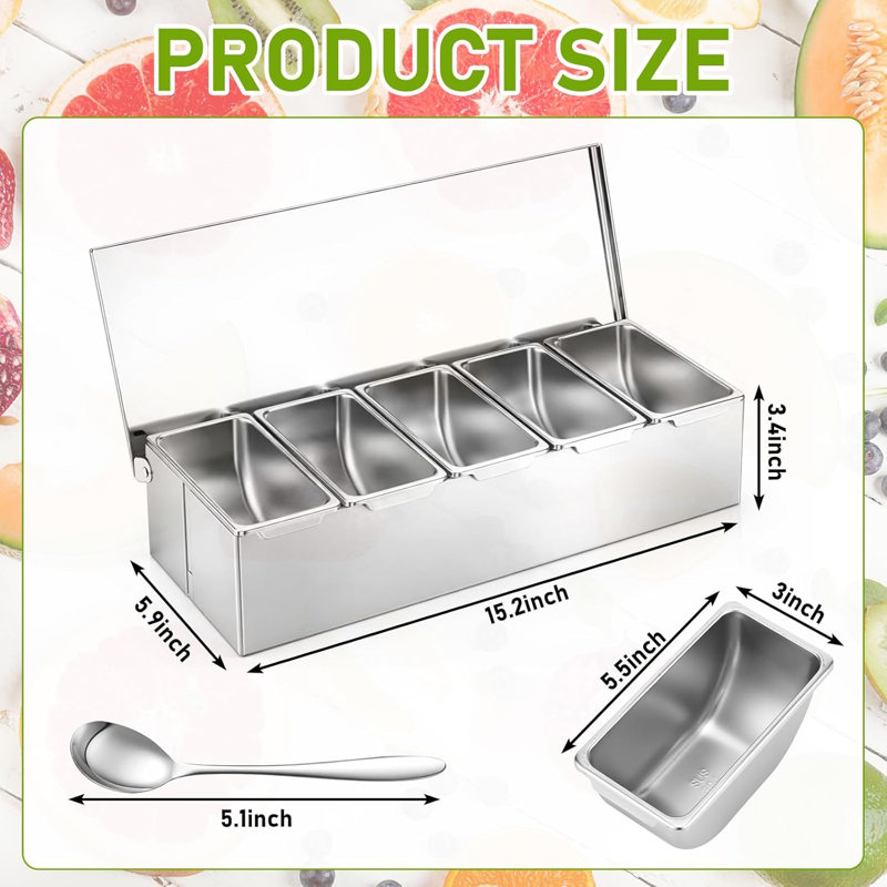 Plateau à condiments réfrigérés à 5 compartiments en acier inoxydable, plateau à garniture avec 5 compartiments amovibles, distributeur de condiments avec couvercle, contenants à fruits